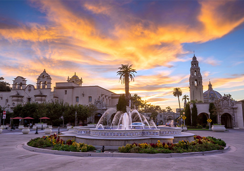 Balboa Park fountain at sunset