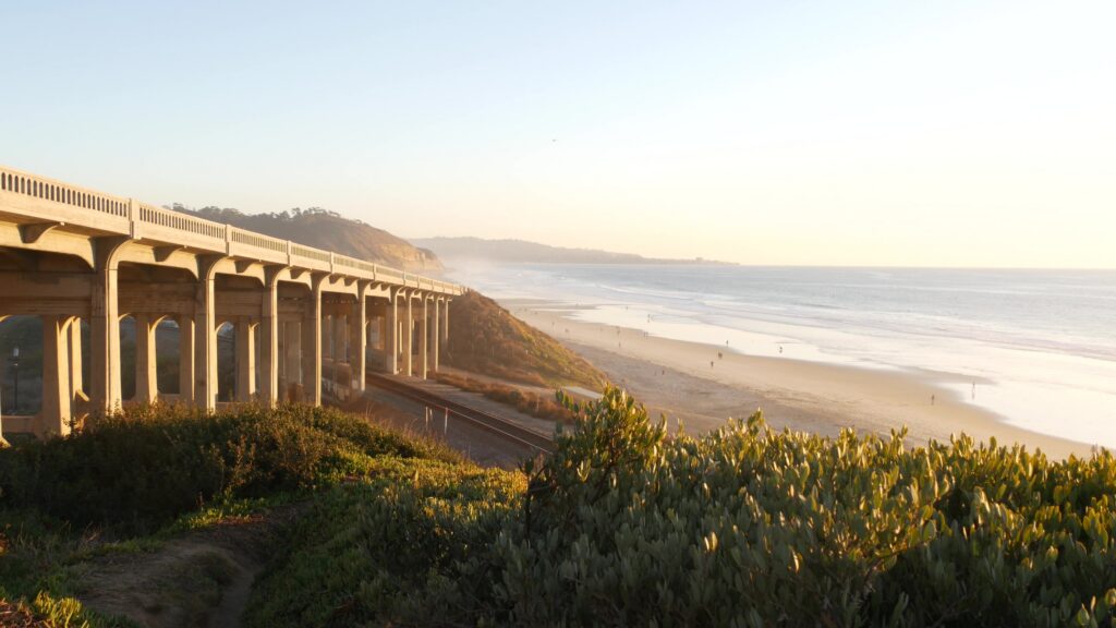 Bridge on pacific coast highway 1, Torrey Pines state beach, Del Mar, San Diego, California USA.